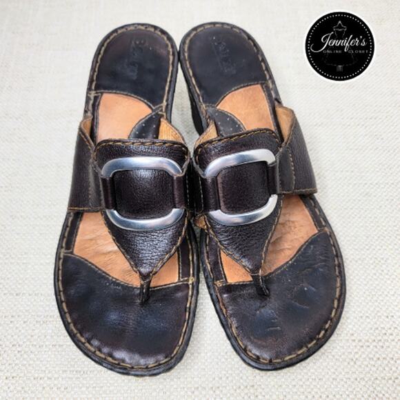 Born Women's Brown Leather Silver Buckle Detail Thong Wedge Sandals Size 7 - Picture 3 of 13